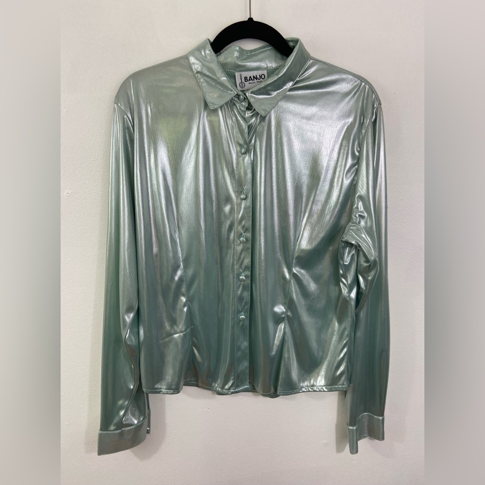 Vintage Banjo Western Shirt Metallic Satin Psychedelic Green Cowgirl Sz XL - Picture 1 of 8